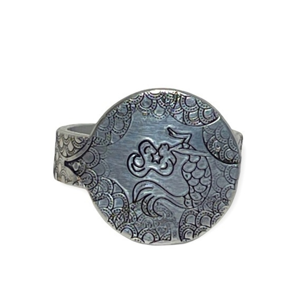 Handmade 9 stamped boho‎ Mermaid silver adjustable hypoallergenic medallion ring